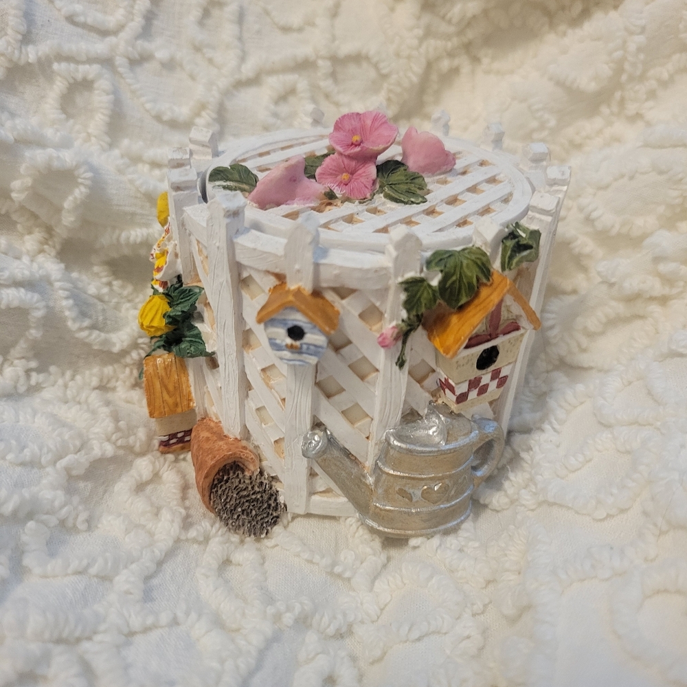 Small Trinket Dish With Lid Flowers Birdhouse Watering Can Cottage Core Feminine